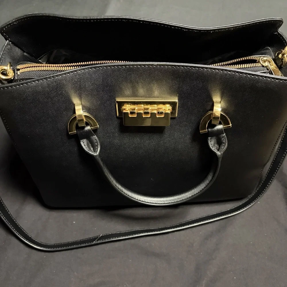 ZAC Zac Posen Eartha Black Leather Satchel Crossbody Bag Gold Dust Bag